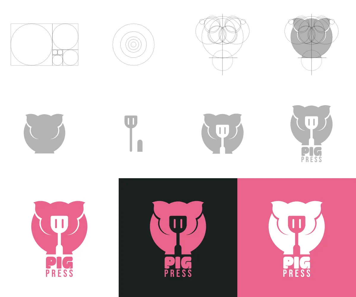 Pig Press identity development sheet showing the geometric construction, pig symbol, spatula and colour variations